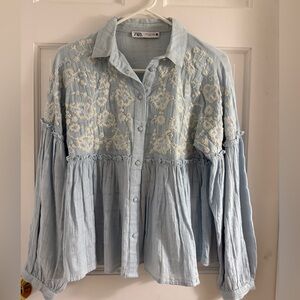 Cotton Embroidered Chambray Blouse size Small